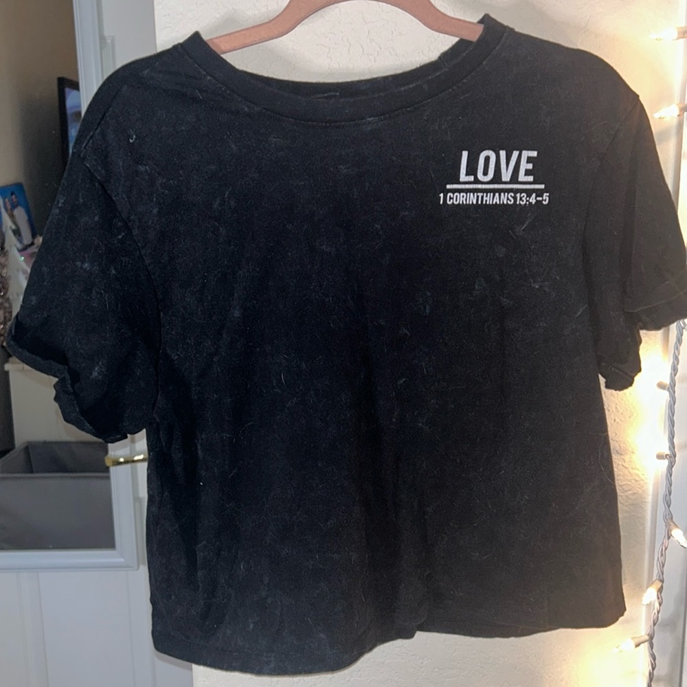 Short sleeve cuffed soft cotton T-shirt. LOVE 1 Corinthians 13:4-5